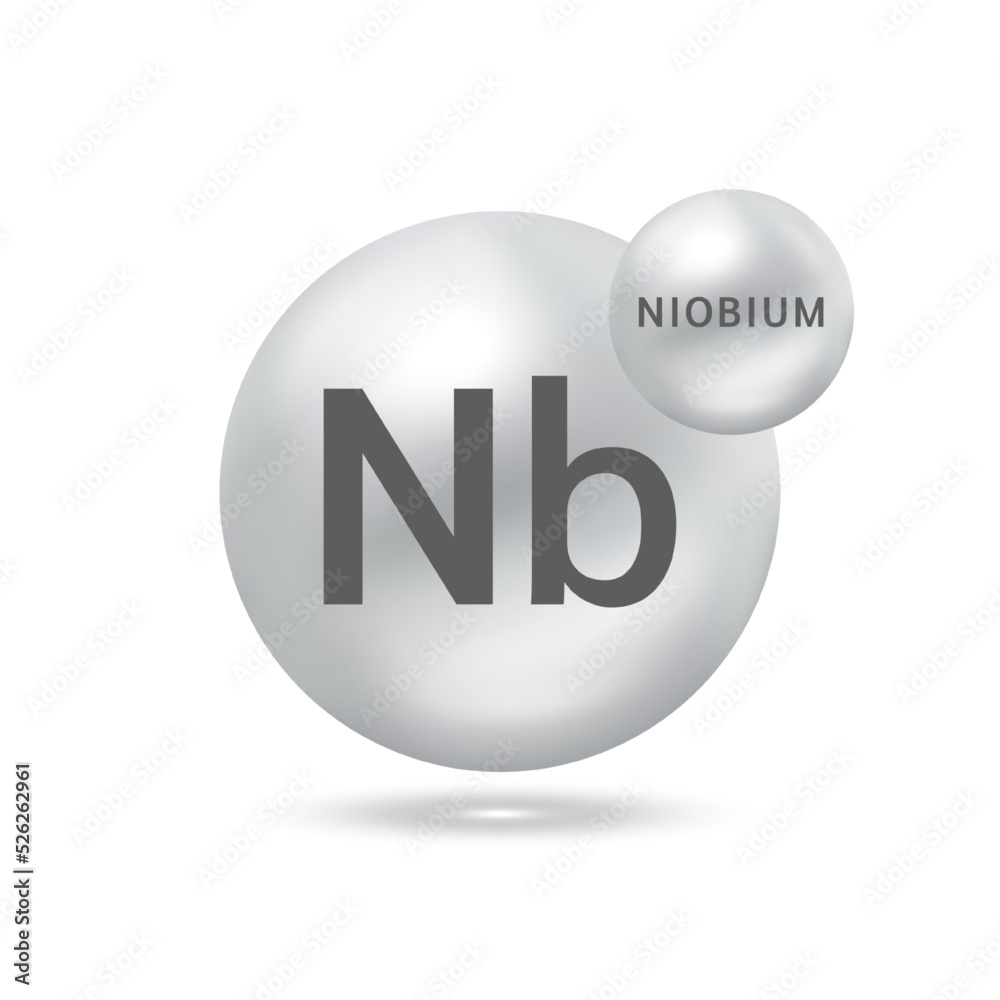 Niobium molecule models silver. Ecology and biochemistry concept. Isolated spheres on white background. 3D Vector Illustration. Niobium molecule models silver. Ecology and biochemistry concept. Isolated spheres on white background. 3D Vector Illustration.