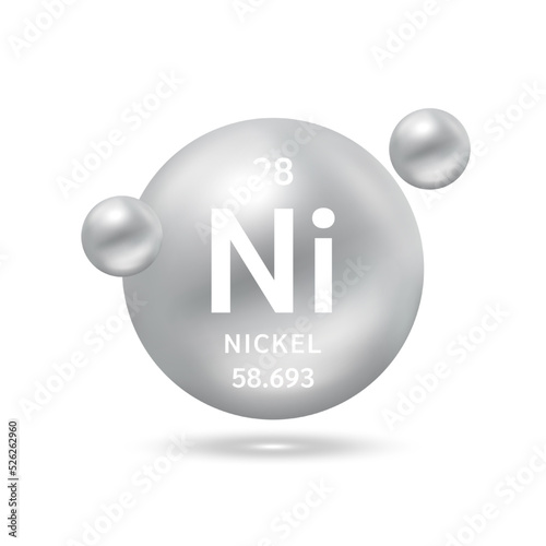 Nickel molecule models silver and chemical formulas scientific element. Ecology and biochemistry concept. Isolated spheres on white background. 3D Vector Illustration.