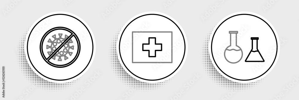 Fototapeta premium Set line Test tube and flask, Stop virus and First aid kit icon. Vector