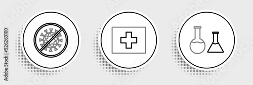 Set line Test tube and flask, Stop virus and First aid kit icon. Vector
