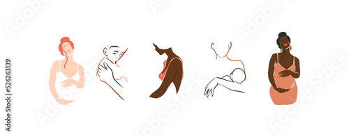 Hand drawn vector abstract stock graphic contemporary line art,aesthetic fashion illustrations collection set with beautiful modern pregnant women with a newborn in simple trendy style,for branding.