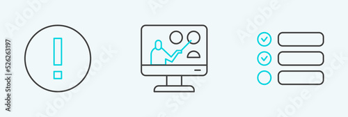 Set line Task list, Information and Online education icon. Vector