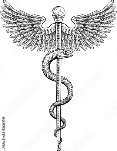 A Rod of Asclepius doctor medical snake symbol in a vintage engraved retro style