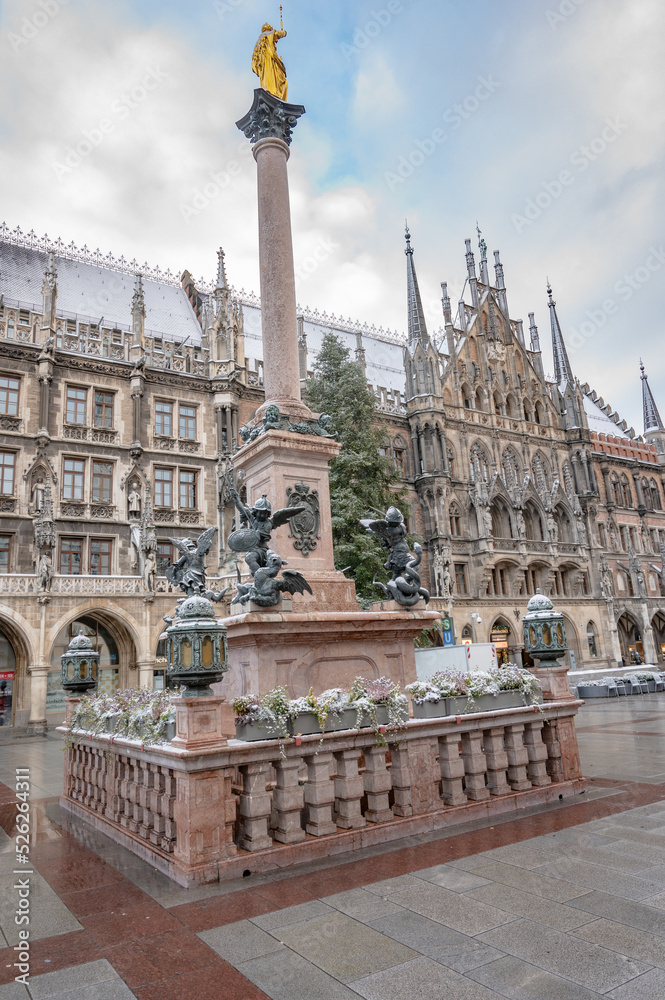 Munich January 2022: The Mariensäule on Marienplatz in Munich is a statue dedicated to Mary on a pillar.