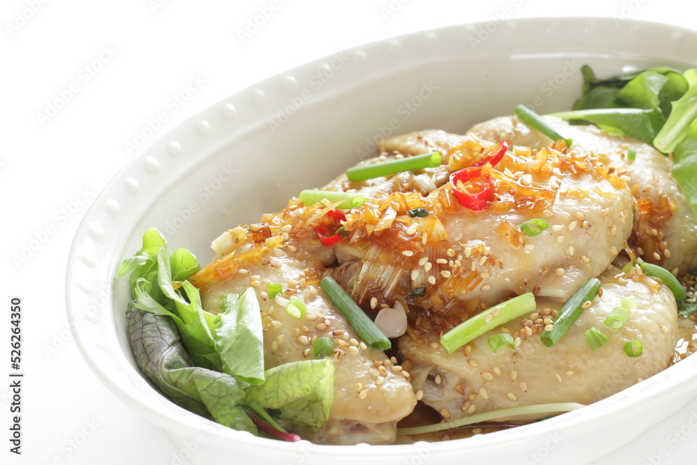 Chinese food, steamed chicken wings with scallion sauce Chinese food, steamed chicken wings with scallion sauce
