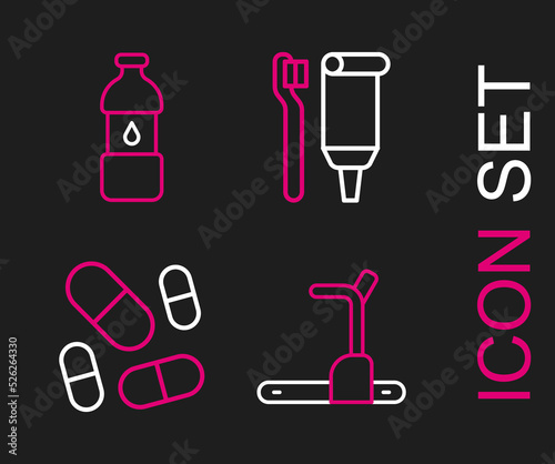 Set line Treadmill machine, Vitamin pill, Toothbrush and toothpaste and Bottle of water icon. Vector