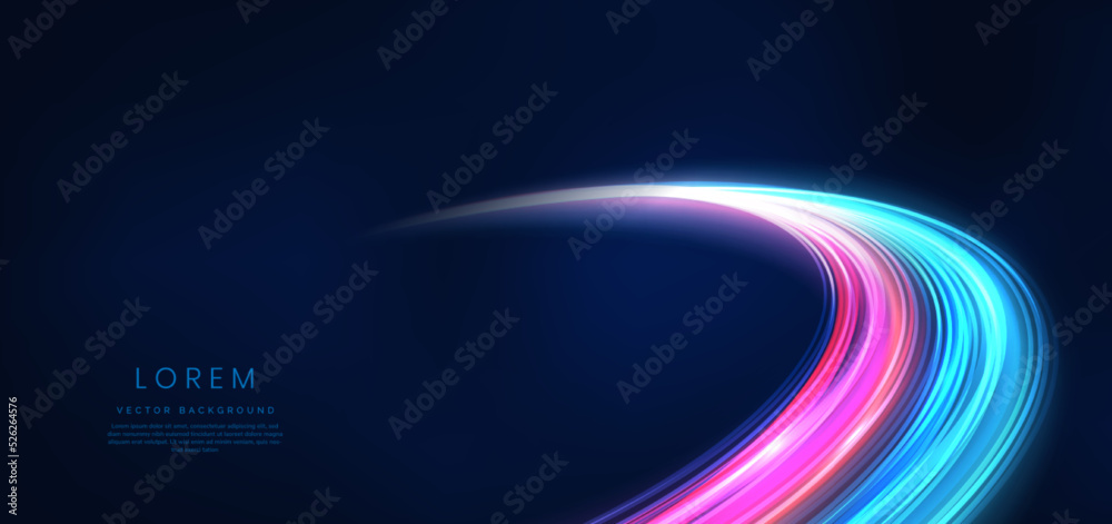 Abstract technology futuristic glowing blue and red light curved lines with speed motion blur effect on dark blue background. Abstract technology futuristic glowing blue and red light curved lines with speed motion blur effect on dark blue background.