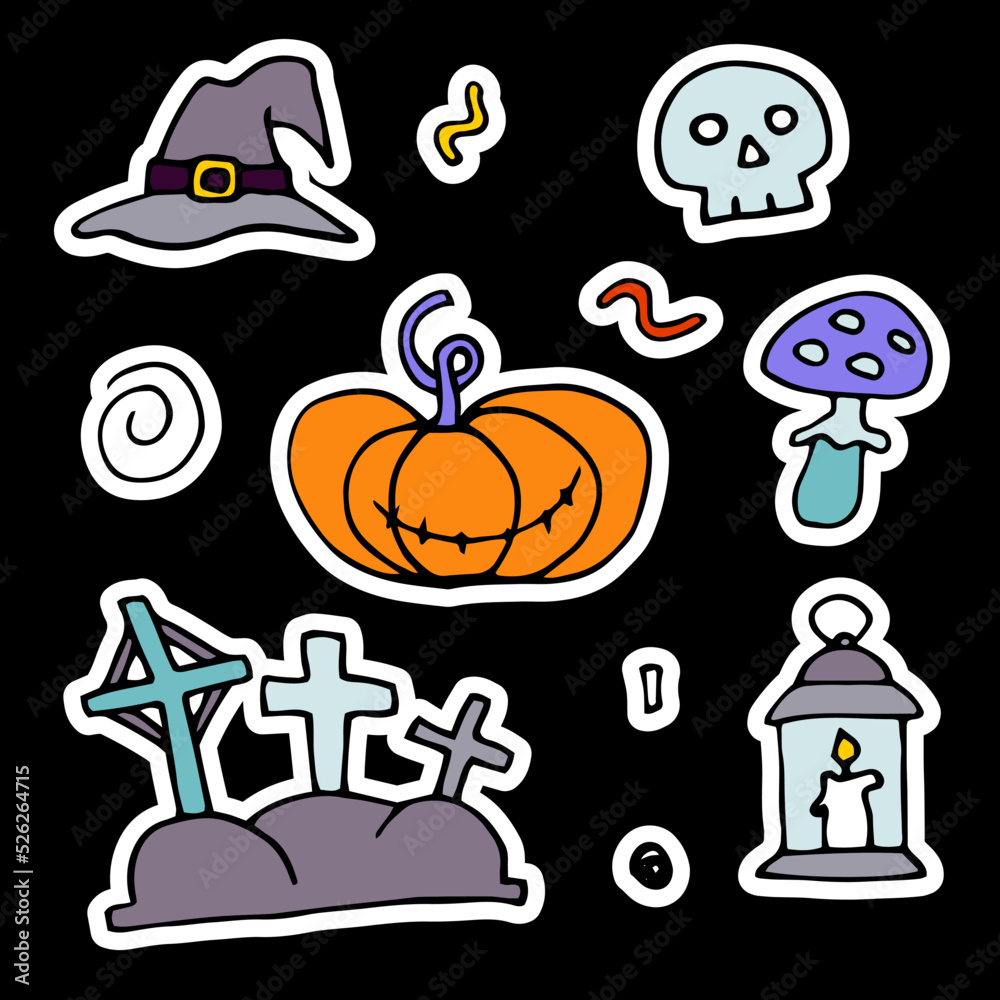 Fototapeta premium Doodle Halloween sticker set. Hand-drawn autumn pumpkin, grave, skull, witch hat on black background. Cute scary horror banner for fall holidays, Day of the Dead. Vector color spooky illustration
