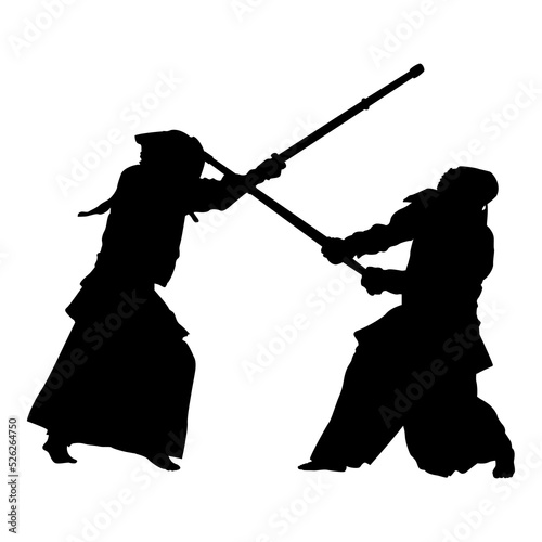 Silueta aislada de un combate de dos luchadores de artes marciales de Kendo photo