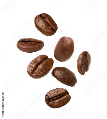 Roasted coffee beans flying isolated on white background, Clipping parh. photo
