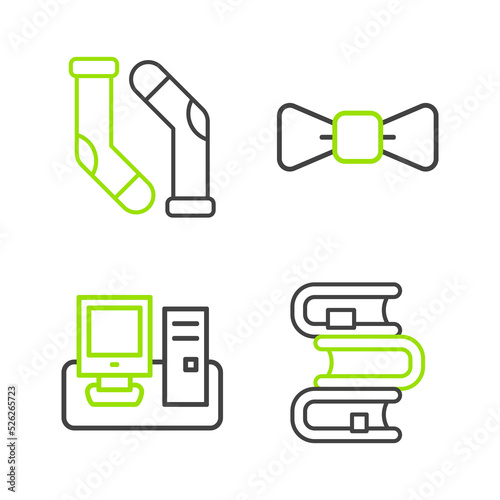 Set line Book, Monitor with keyboard, Bow tie and Socks icon. Vector