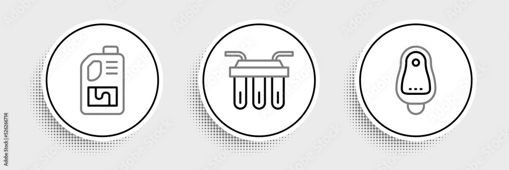 Set line Toilet urinal or pissoir, Drain cleaner bottle and Water filter icon. Vector Set line Toilet urinal or pissoir, Drain cleaner bottle and Water filter icon. Vector
