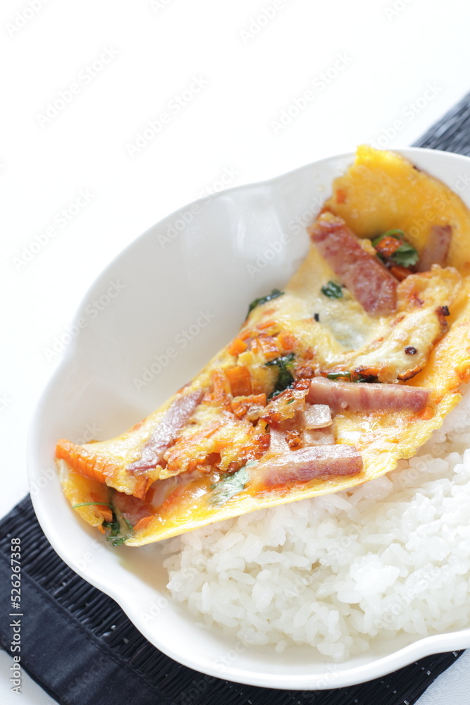 Chinese food, roasted pork and coriander omelet on rice for lunch food image Chinese food, roasted pork and coriander omelet on rice for lunch food image