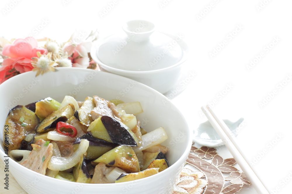 Chinese food, eggplant and pork stir fried with scallion Chinese food, eggplant and pork stir fried with scallion
