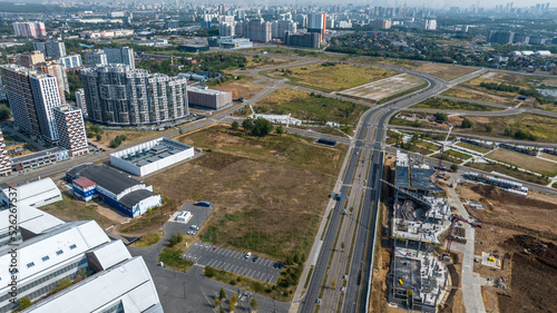 panoramic drone view of the infrastructure of the scientific and residential cluster in the Skolkovo district on a sunny day