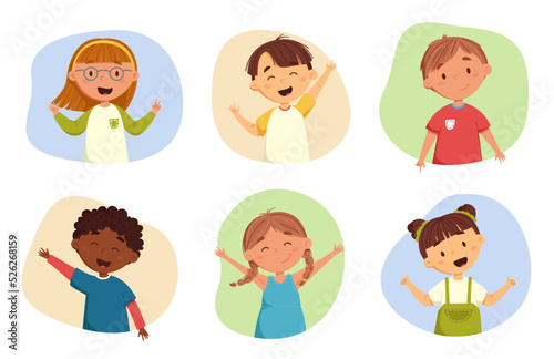 Happy kids cartoon vector collection. Multicultural children in different positions. Happy friends from preschool class