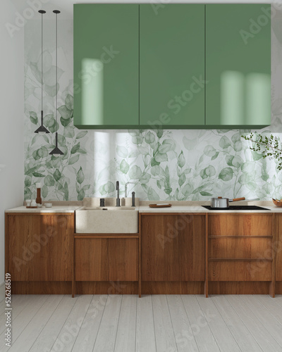 Japandi wooden kitchen in white and green tones. Wooden cabinets  contemporary wallpaper and marble top. Front view  minimalist interior design