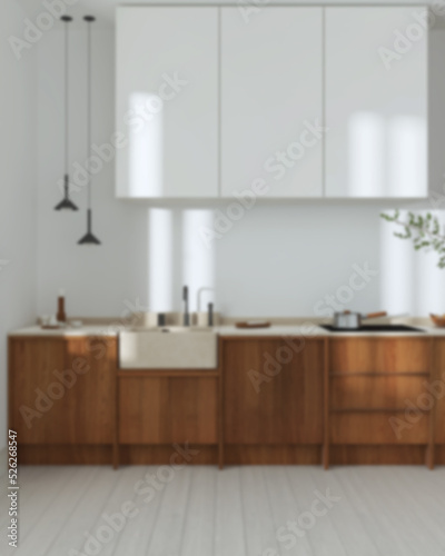 Fototapeta Naklejka Na Ścianę i Meble -  Blurred background, japandi wooden kitchen. Wooden cabinets, contemporary wallpaper and marble top. Front view, minimalist interior design