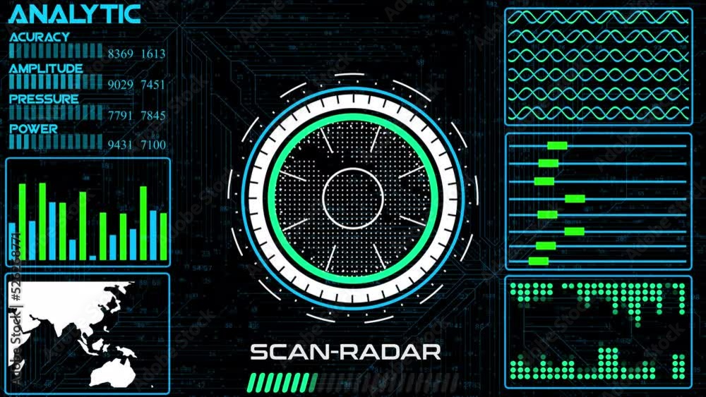 abstract colorful HUD radar animation on black background. Radar Screen ...