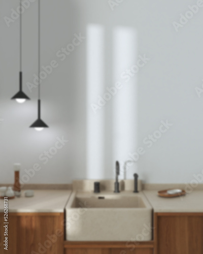 Blurred background, japandi wooden kitchen. Wooden cabinets, contemporary wallpaper and marble top. Front view, close up, minimalist interior design © ArchiVIZ