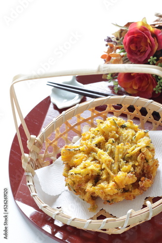 Japanese food, pumpkin tempura in bamboo basket for autumn food image