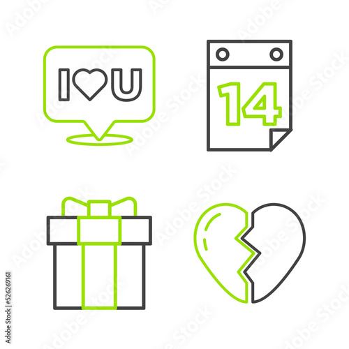 Set line Broken heart, Gift box, Calendar with February 14 and Speech bubble I love you icon. Vector