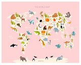 Print. Map of the world with cartoon animals for kids. Eurasia, South America, North America, Australia and Africa.	