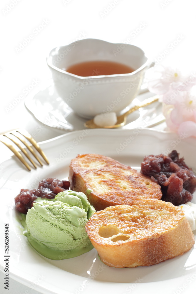 French toast severed with red bean paste and Green tea Ice-cream French toast severed with red bean paste and Green tea Ice-cream
