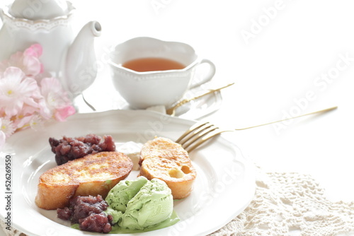 French toast severed with red bean paste and Green tea Ice-cream