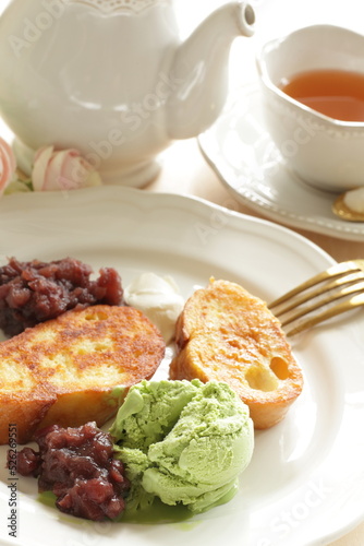 French toast severed with red bean paste and Green tea Ice-cream