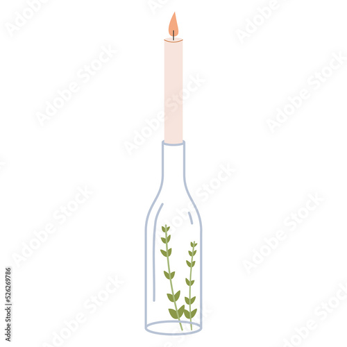 A bottle, a candlestick and a candle. Wedding decor for a cozy evening. Table decoration. Serving