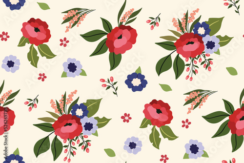 Seamless floral pattern, cute ditsy print with summer decorative art plants Beautiful botanical background with red flowers, small blue flowers, various leaves in bouquets. Vector. © Yulya i Kot