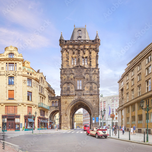 Celetna street and Powder Tower, Gothic city gate to the old Prague. Prague, Czech Republic