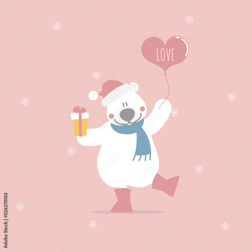 merry christmas and happy new year with cute and lovely hand drawn bear holding heart balloon and gift present, snowflake in pink background, flat vector illustration cartoon character costume design