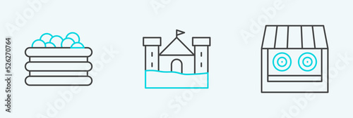 Set line Shooting gallery, Pool with balls and Sand castle icon. Vector