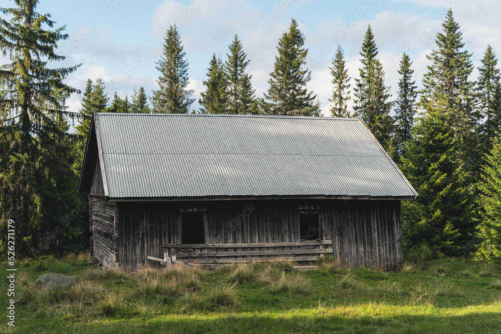 Old building from the former Øvre Hongseter summer farm up in the Totenåsen Hills, Norway. Old building from the former Øvre Hongseter summer farm up in the Totenåsen Hills, Norway.