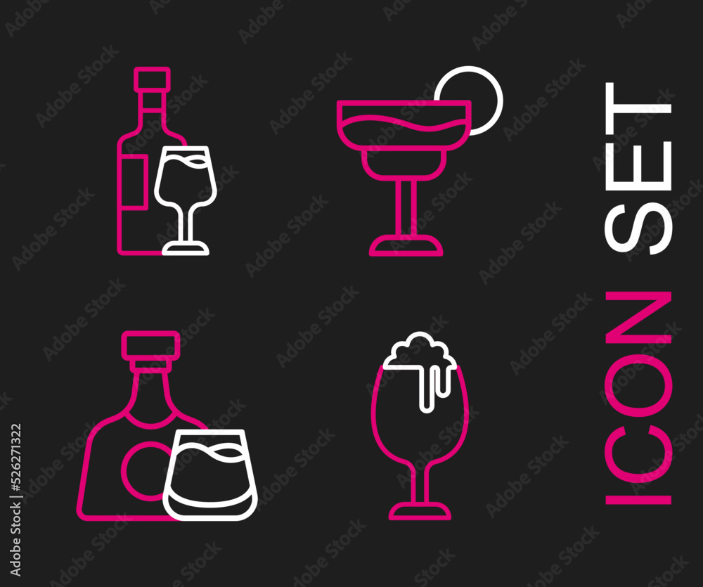 Set line Glass of beer, Whiskey bottle and glass, Cocktail and Wine with icon. Vector
