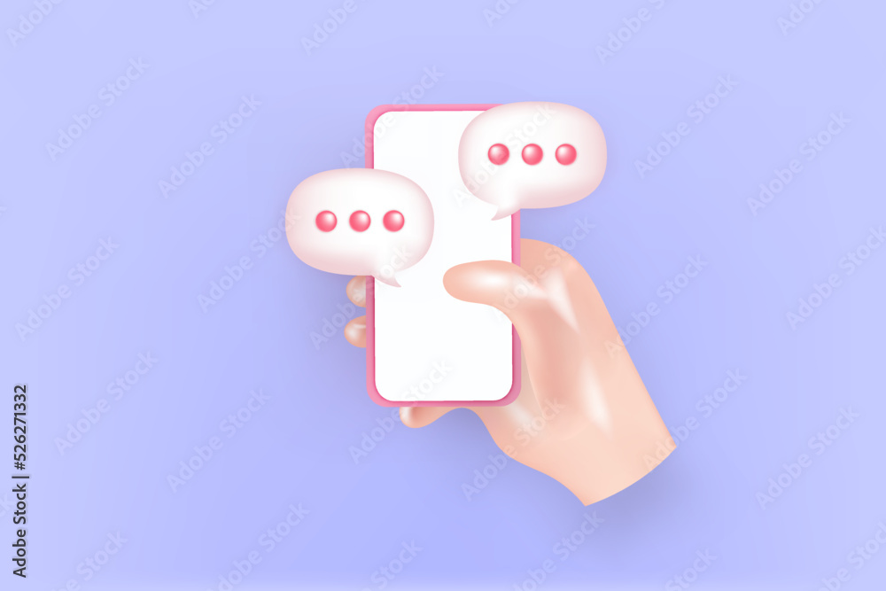 3D minimal chat on mobile hand holding, interface optimization for banner and website for mockup mobile phone concept. 3d social network vector illustration 3D minimal chat on mobile hand holding, interface optimization for banner and website for mockup mobile phone concept. 3d social network vector illustration