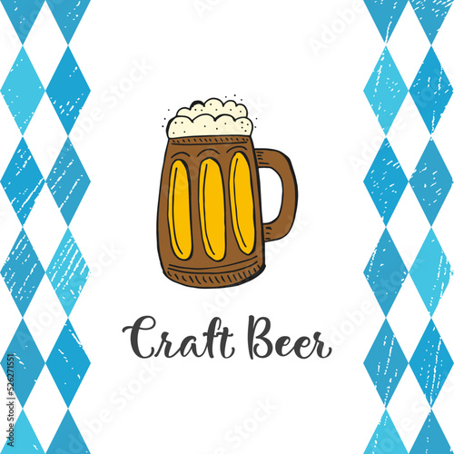 Oktoberfest 2022 - Beer Festival. Hand-drawn Doodle Elements. German Traditional holiday. Wooden mug of beer on a white background with blue rhombuses and lettering.