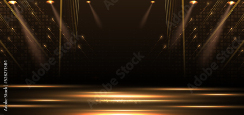 Elegant golden stage vertical glowing with lighting effect sparkle on black background.