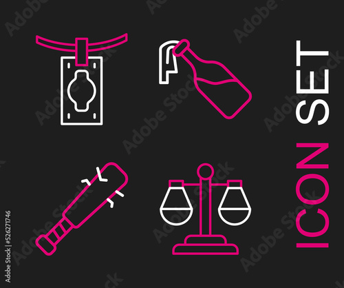 Set line Scales of justice, Baseball bat with nails, Cocktail molotov and Money laundering icon. Vector