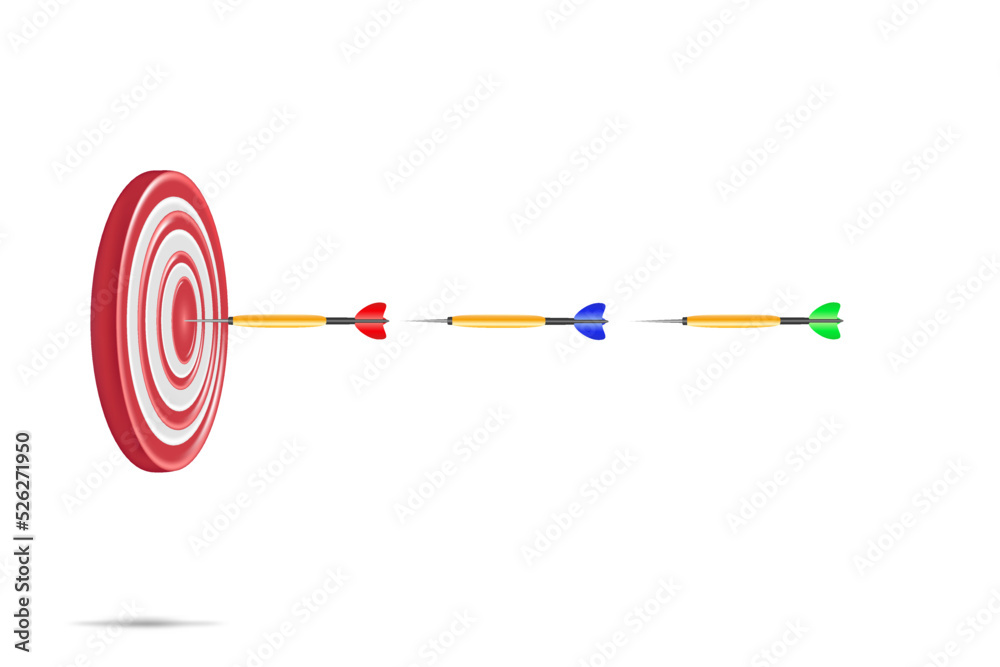 Darts hitting a red target on the center isolated on white background. 3d render illustration Darts hitting a red target on the center isolated on white background. 3d render illustration