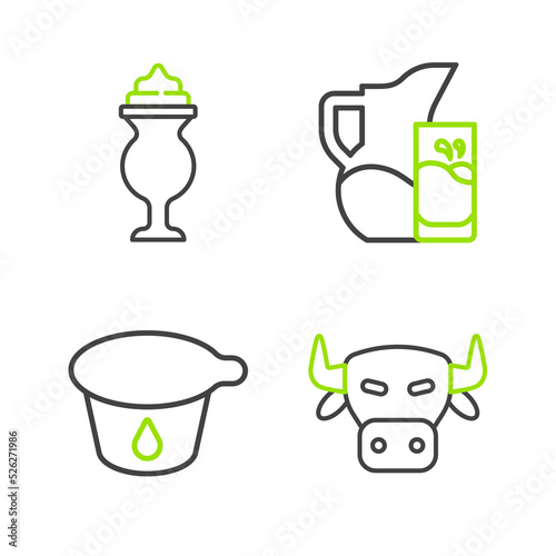 Set line Cow head, Yogurt container, Milk jug or pitcher and glass and Milkshake icon. Vector
