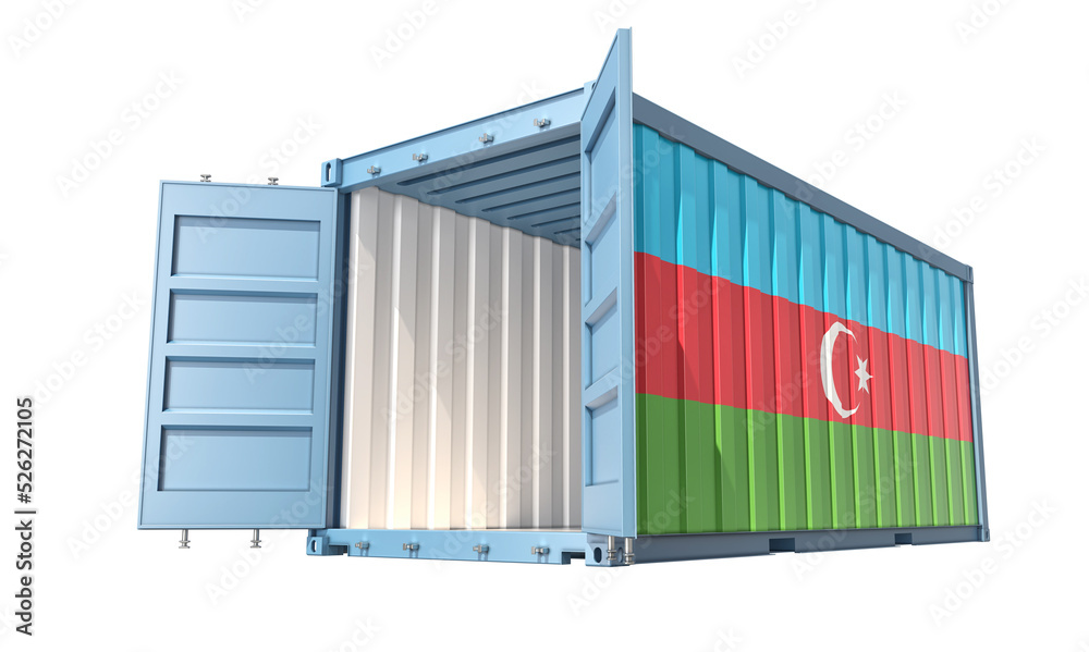Cargo Container with open doors and Azerbaijan national flag design. 3D Rendering Cargo Container with open doors and Azerbaijan national flag design. 3D Rendering