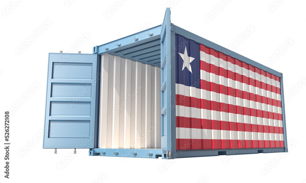 Cargo Container with open doors and Liberia national flag design. 3D Rendering Cargo Container with open doors and Liberia national flag design. 3D Rendering