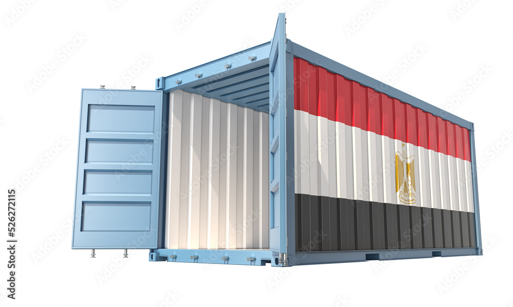 Cargo Container with open doors and Egypt national flag design. 3D Rendering Cargo Container with open doors and Egypt national flag design. 3D Rendering