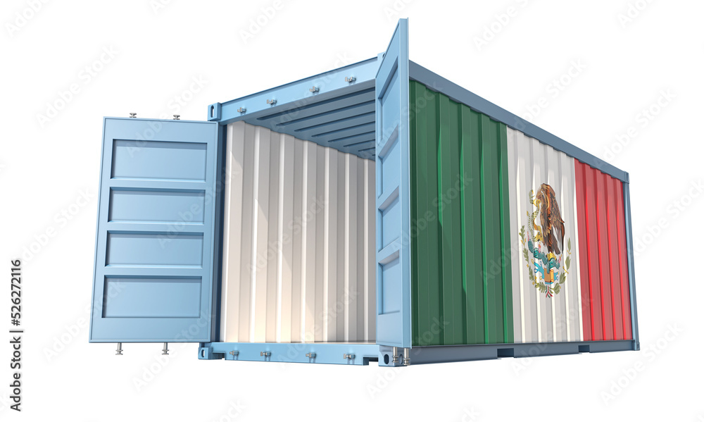 Cargo Container with open doors and Mexico national flag design. 3D Rendering Cargo Container with open doors and Mexico national flag design. 3D Rendering