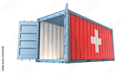 Cargo Container with open doors and Switzerland national flag design. 3D Rendering