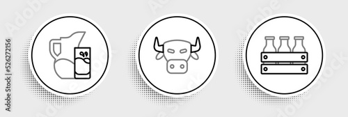 Set line Bottled milk in wooden box, Milk jug or pitcher and glass and Cow head icon. Vector