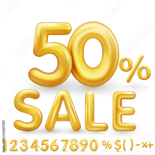 Sale off discount promotion set made of realistic numbers 3d gold helium balloons. Vector Illustration of balloon golden 50% percent discount collection for your minimal selling poster, banner ads.